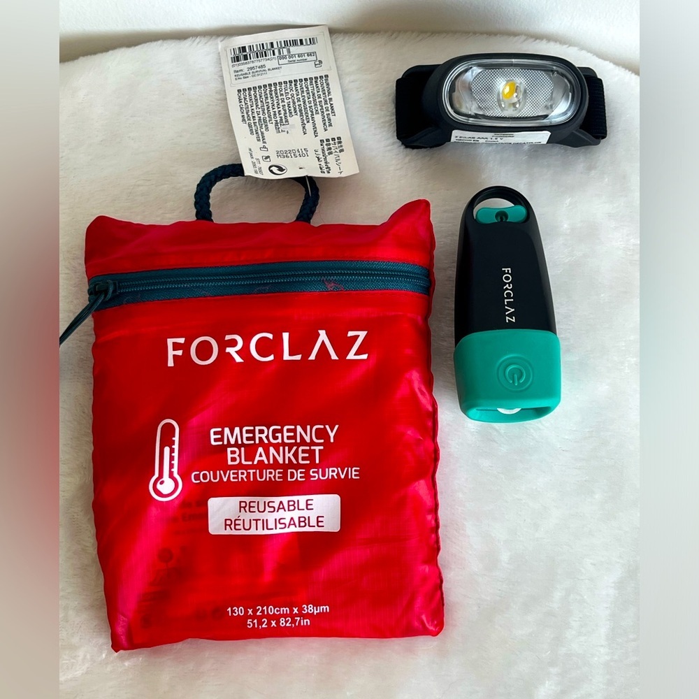 FORCLAZ Survival Kit Reusable Blanket Head Lamp &  AUTONOMOUS Torchlight